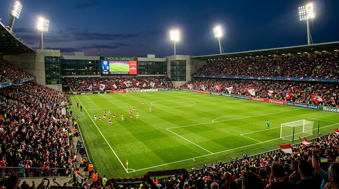 Vibrant football stadium pitch under evening floodlights